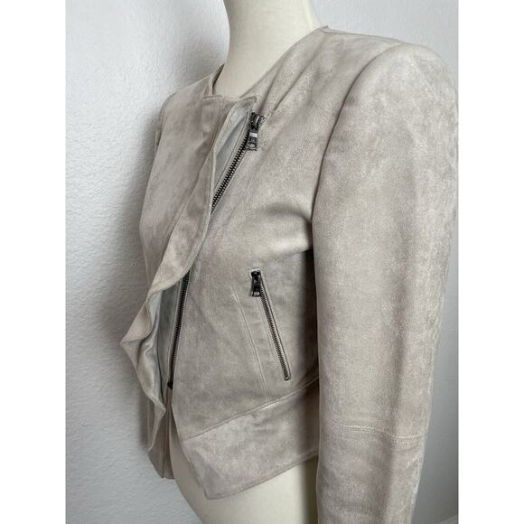 BCBGMaxAzria Jacket Kidd Faux Leather Moto Ruffled Single Breast Tan - Picture 5 of 12